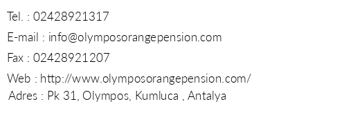 Olympos Orange Pension telefon numaralar, faks, e-mail, posta adresi ve iletiim bilgileri